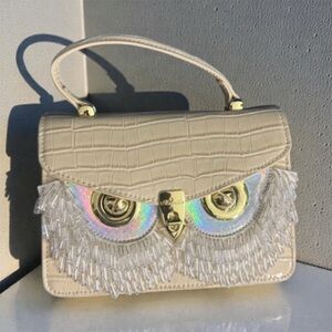 Chic Embossed Cream Owl Satchel or Crossbody Bag